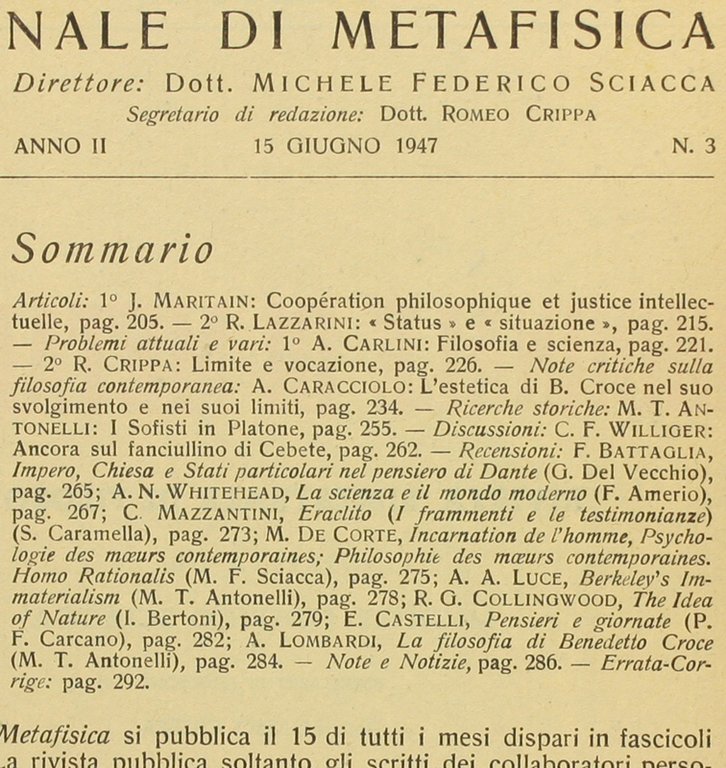 GIORNALE DI METAFISICA. Rivista Bimestrale di Filosofia. 1947 - N. …