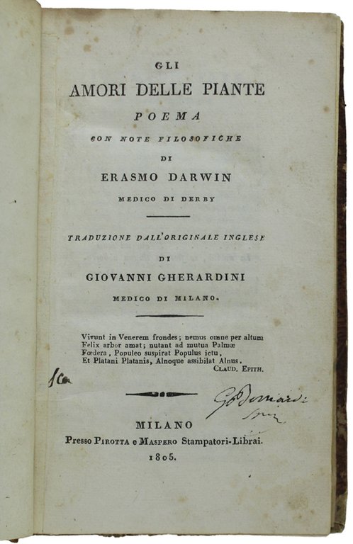 GLI AMORI DELLE PIANTE. Poema con note filosofiche.