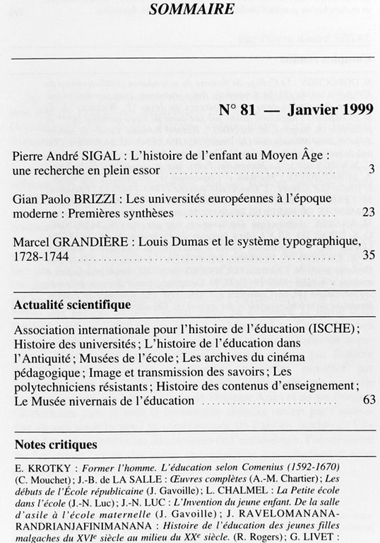 HISTOIRE DE L'EDUCATION. N° 81 - janvier 1999.