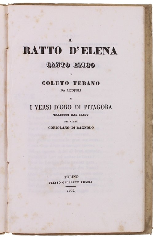 IL RATTO D'ELENA. Canto Epico di Coluto Tebano da Licopoli …