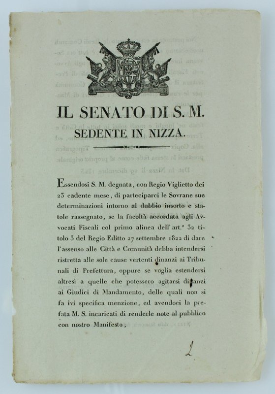 IL SENATO DI S.M. SEDENTE IN NIZZA. Essendosi S.M. degnata, …