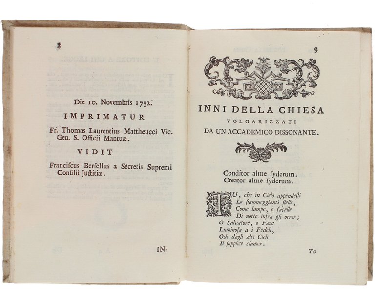 INNI DELLA CHIESA VOLGARIZZATI DA UN ACCADEMICO DISSONANTE, e dedicati …