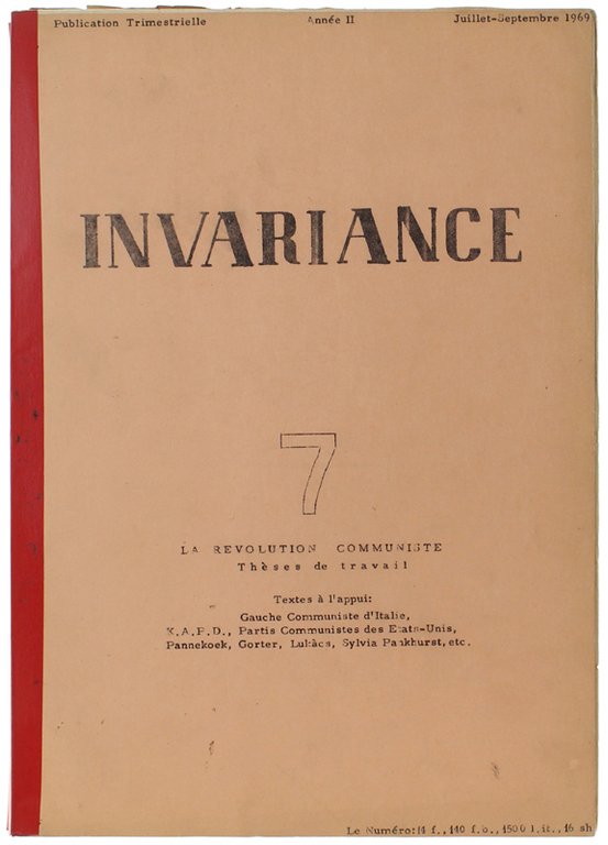 INVARIANCE. Année II - N. 7. Juilliet-Septembre 1969. Pubblication trimestrielle.