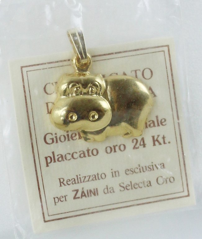 IPPOPOTAMO: GIOIELLO ARTIGIANALE PLACCATO ORO 24 KT (nuovo, con certificato …