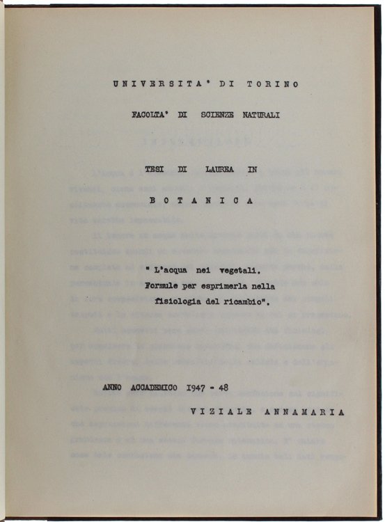 L'ACQUA NEI VEGETALI. Formule per esprimerla nella fisiologia del ricambio. …