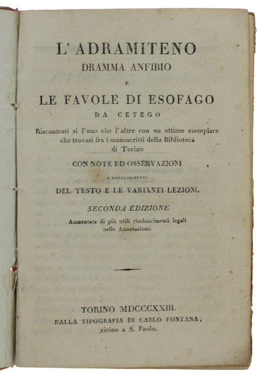 L'ADRAMITENO DRAMMA ANFIBIO e LE FAVOLE DI ESOFAGO DA CETEGO …