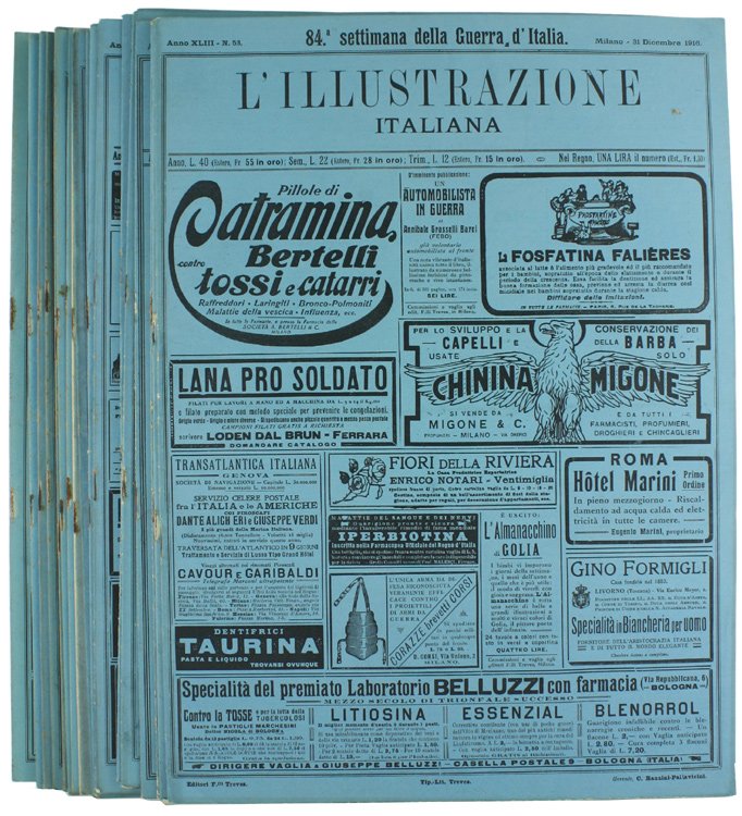 L'ILLUSTRAZIONE ITALIANA. Annata 1916 completa in fascicoli, con copertine azzurre.