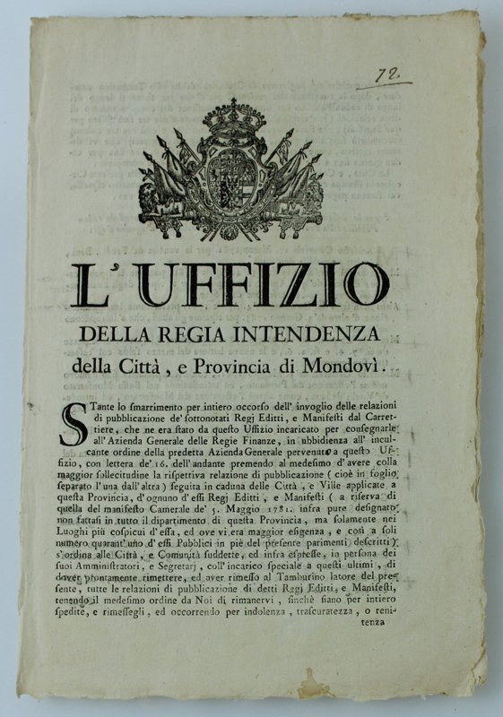 L'UFFIZIO DELLA REGIA INTENDENZA della Città, e Provincia di Mondovì. …