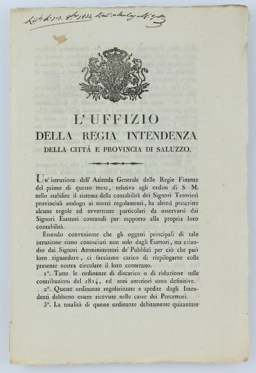 L'UFFIZIO DELLA REGIA INTENDENZA DELLA CITTA' E PROVINCIA DI SALUZZO.