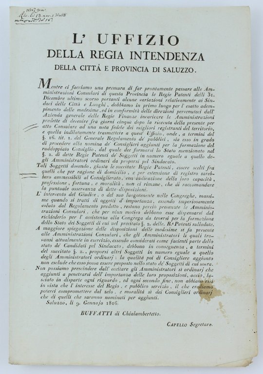 L'UFFIZIO DELLA REGIA INTENDENZA DELLA CITTA' E PROVINCIA DI SALUZZO.