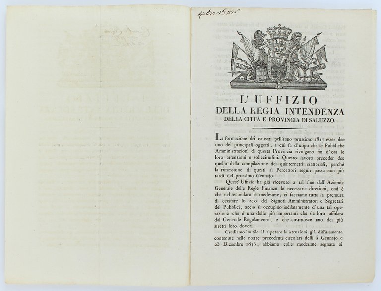 L'UFFIZIO DELLA REGIA INTENDENZA DELLA CITTA' E PROVINCIA DI SALUZZO.