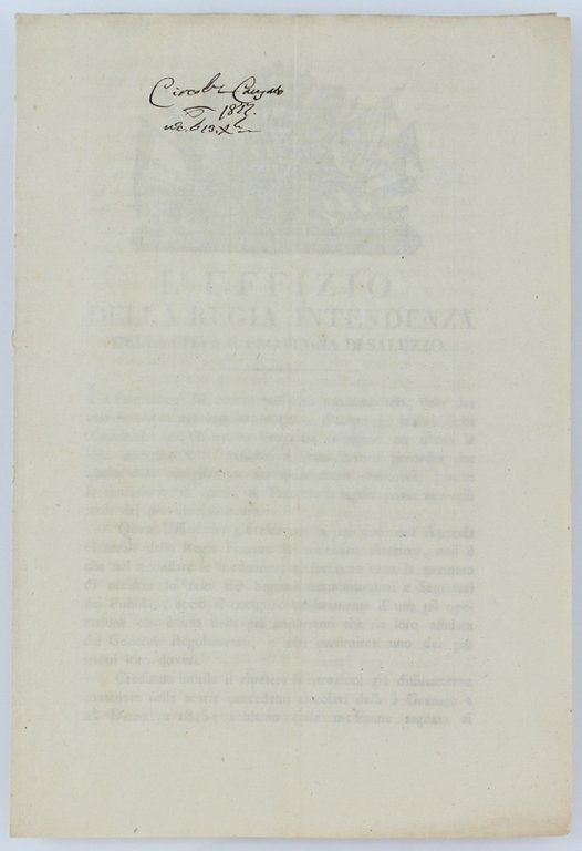 L'UFFIZIO DELLA REGIA INTENDENZA DELLA CITTA' E PROVINCIA DI SALUZZO.