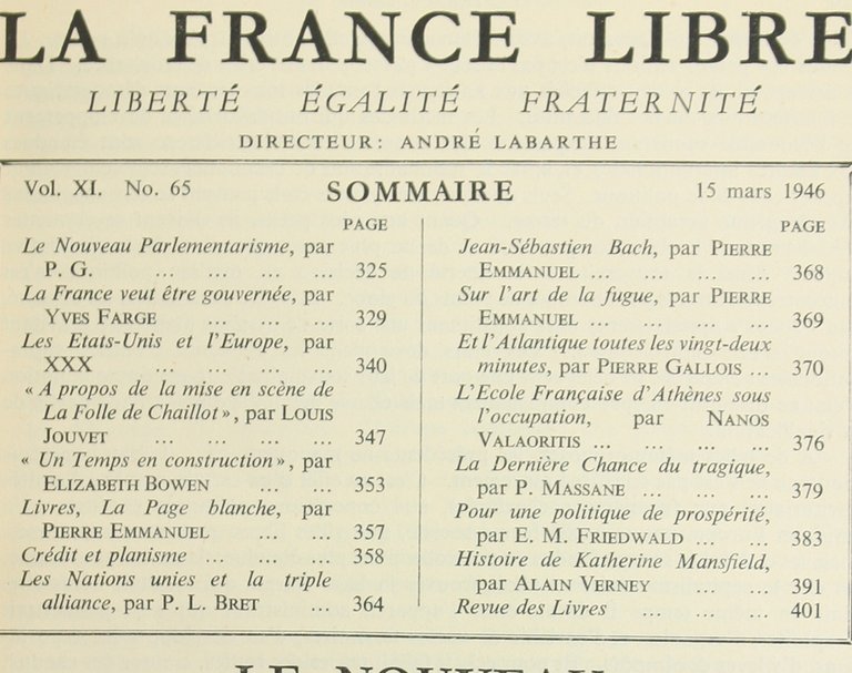 LA FRANCE LIBRE. Vol. XI, No. 65 - 15 Mars …