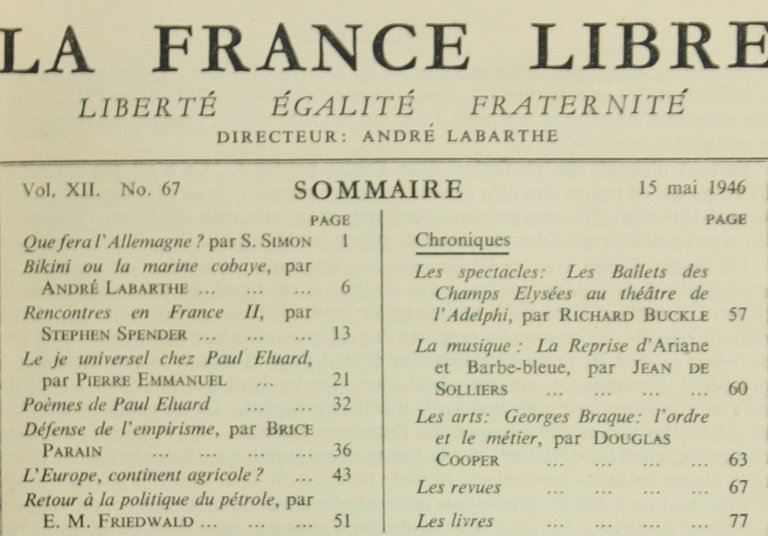 LA FRANCE LIBRE. Vol. XII, No. 67.