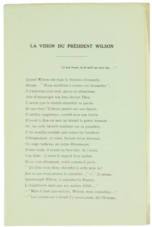 LA VISION DU PRESIDENT WILSON. New York, le 14 octobre …
