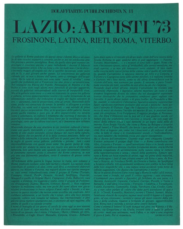 LAZIO: ARTISTI '73. Bolaffiarte - Pubblinchiesta N.13
