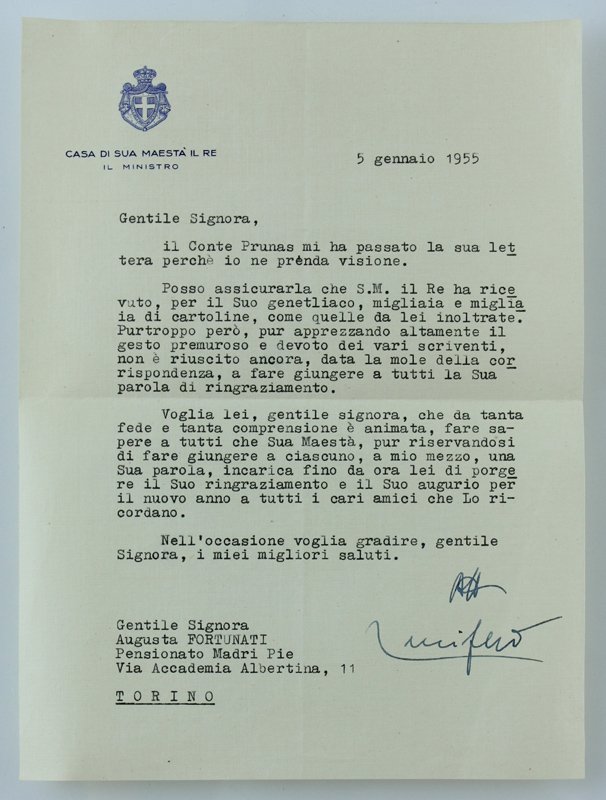 LETTERA DATTLOSCRITTA DI FALCONE LUCIFERO CON FIRMA AUTOGRAFA 1955
