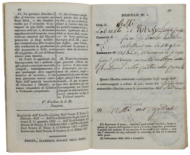 LIBRETTO DI LAVORO Rilasciato ad Asti 1/8/1843