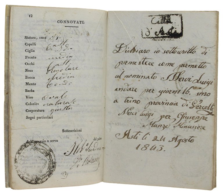 LIBRETTO DI LAVORO Rilasciato ad Asti 1/8/1843