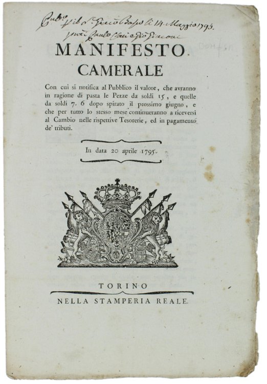 MANIFESTO CAMERALE Con cui si notifica al Pubblico il valore, …