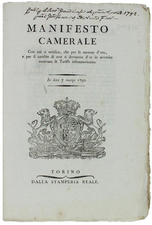 MANIFESTO CAMERALE Con cui si notifica, che per le monete …