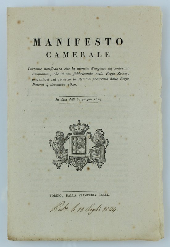 MANIFESTO CAMERALE portante notificanza che la moneta d'argento da centesimi …