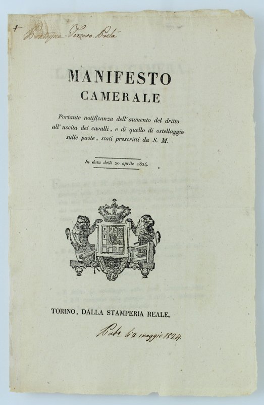 MANIFESTO CAMERALE portante notificanza dell'aumento del dritto all'uscita dei cavalli, …