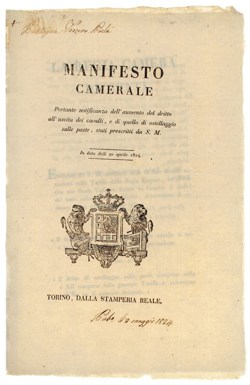 MANIFESTO CAMERALE portante notificanza dell'aumento del dritto all'uscita dei cavalli, …