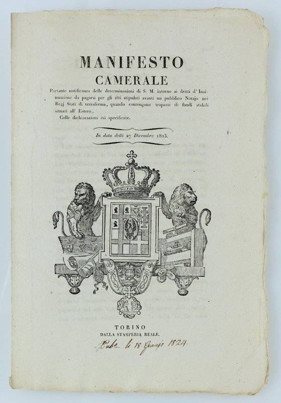 MANIFESTO CAMERALE Portante notificanza delle determinazioni di S.M.intorno ai drittti …