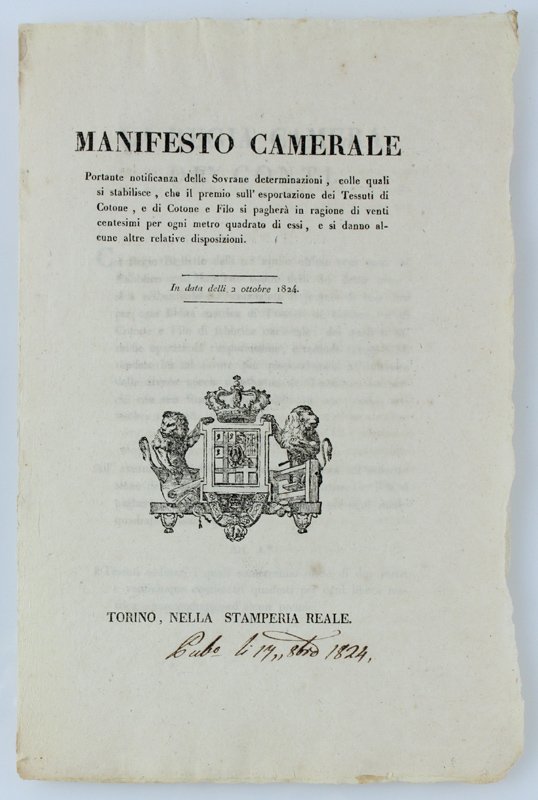 MANIFESTO CAMERALE Portante notificanza delle Sovrane determinazioni, colle quali si …