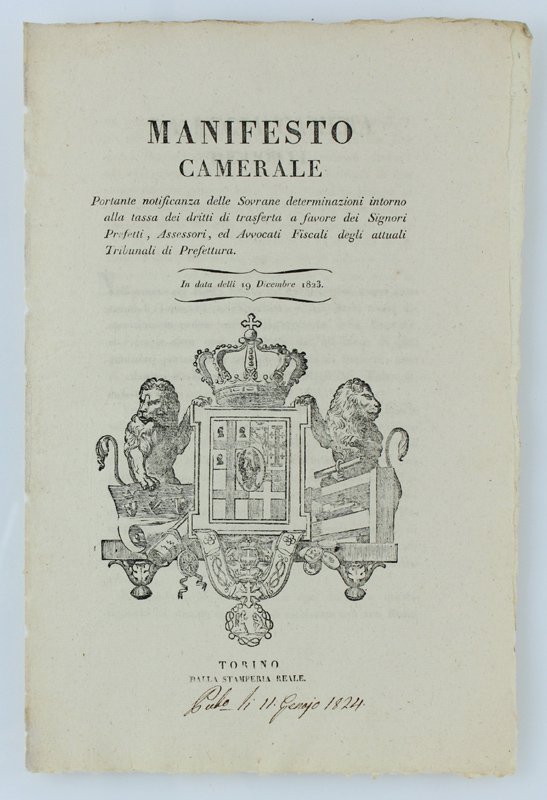 MANIFESTO CAMERALE Portante notificanza delle Sovrane deterninazioni intorno alla tassa …