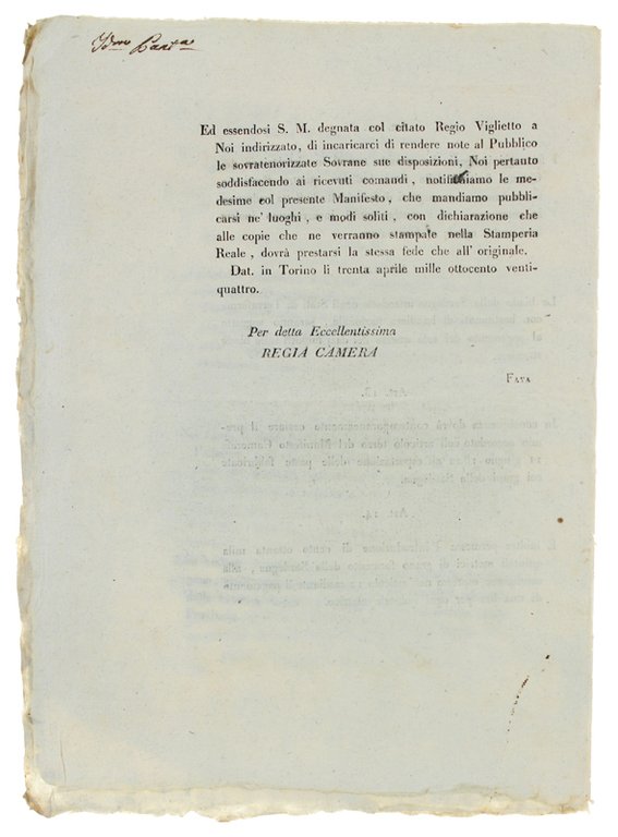 MANIFESTO CAMERALE portante notificanza di alcune variazioni fatte da S.M. …