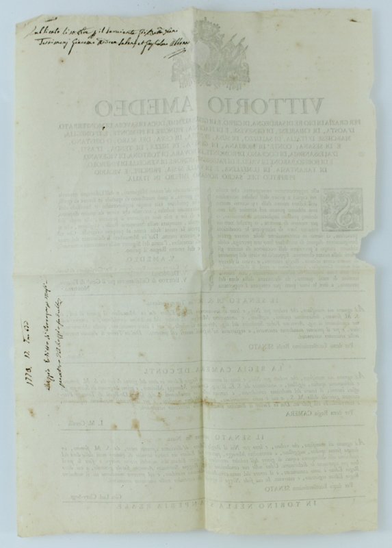 MANIFESTO del 1773: misura 47x23 cm. Con emblema sabaudo. Strappetti, …