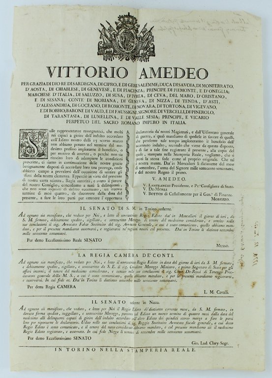 MANIFESTO del 1773: misura 47x23 cm. Con emblema sabaudo. Strappetti, …