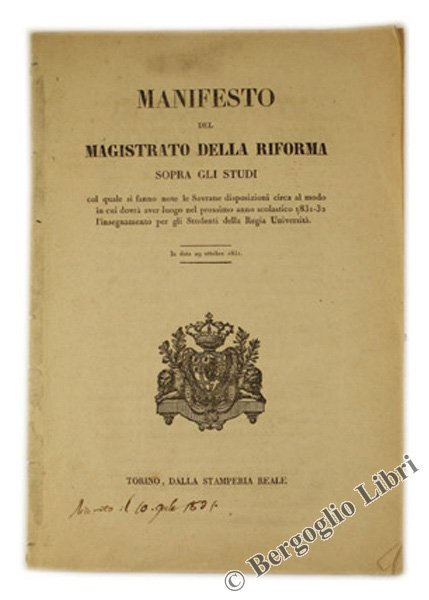 MANIFESTO DEL MAGISTRATO DELLA RIFORMA SOPRA GLI STUDI col quale …