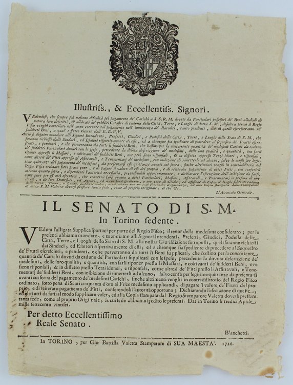 (Manifesto originale del 1726) ILLUSTRISS., & ECCELLENTISS. SIGNORI. Vedendosi, che …