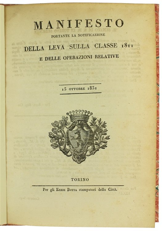 MANIFESTO portante la notificazione della LEVA DELLA CLASSE 1811 e …