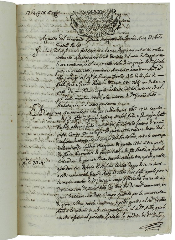 CHIERI: MANOSCRITTO, ATTO NOTARILE DEL 1764