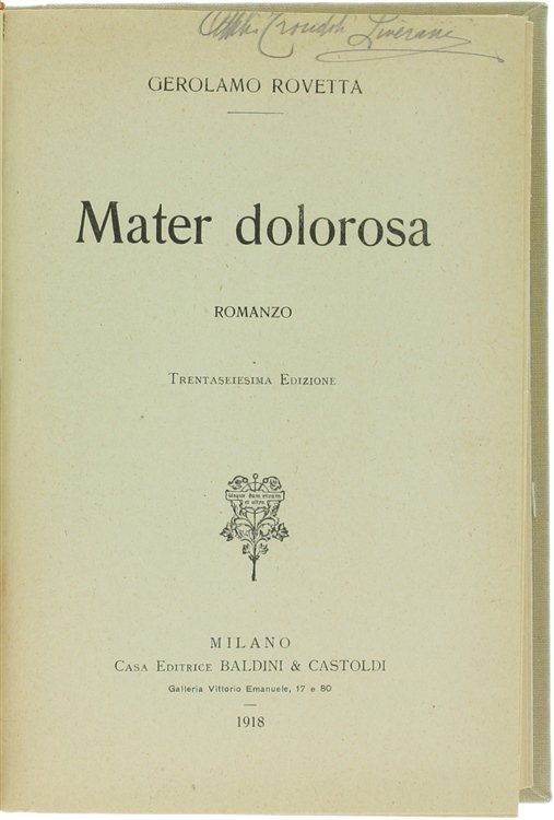 MATER DOLOROSA. Romanzo.