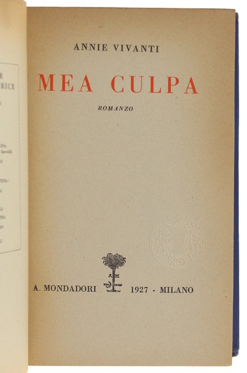MEA CULPA. Romanzo. [1a edizione]