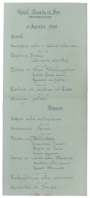 MENU MANOSCRITTO SU CARTA USO PERGAMENA - Courmayeur, Hotel Cresta …