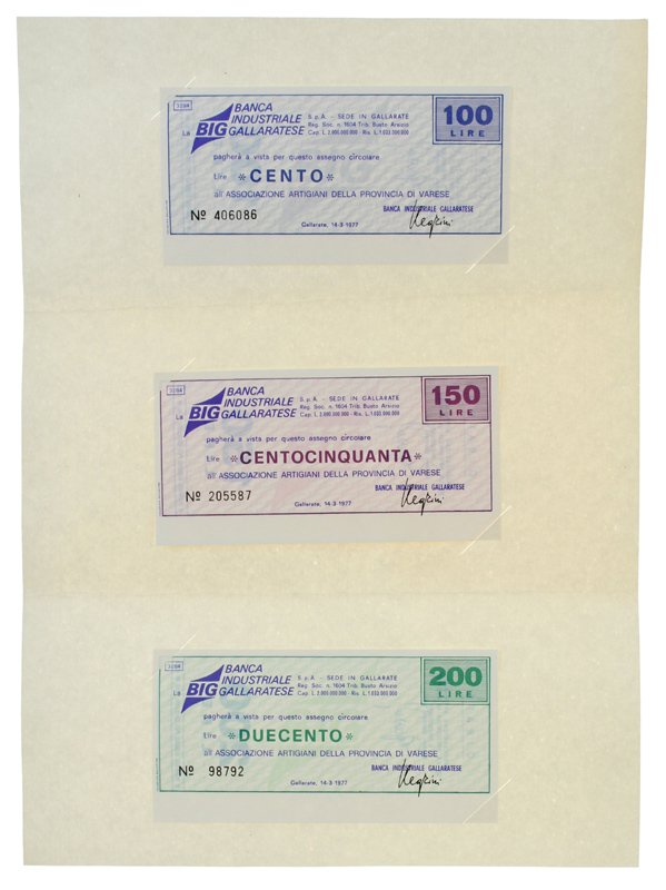 MINIASSEGNI Banca Indusriale Gallaratese. SerIe dei 3 valori emessi - …