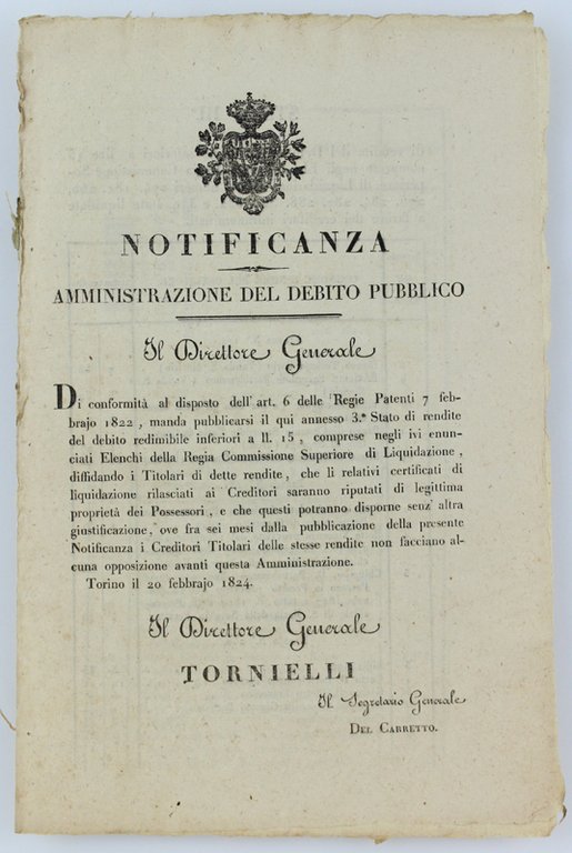NOTIFICANZA - AMMINISTRAZIONE DEL DEBITO PUBBLICO.
