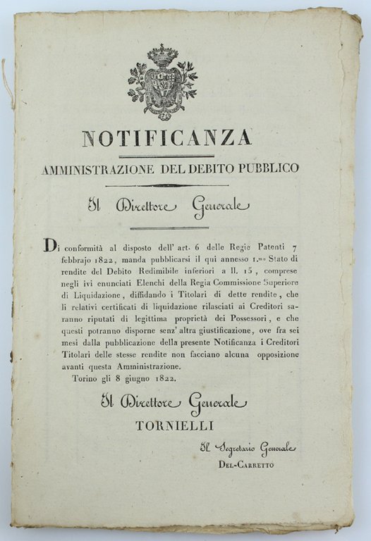 NOTIFICANZA - AMMINISTRAZIONE DEL DEBITO PUBBLICO. Gli 8 giugno 1822 …