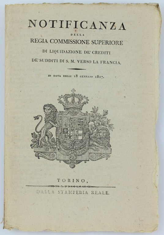 NOTIFICANZA DELLA REGIA COMMISSIONE SUPERIORE DI LIQUIDAZIONE DE' CREDITI DE' …