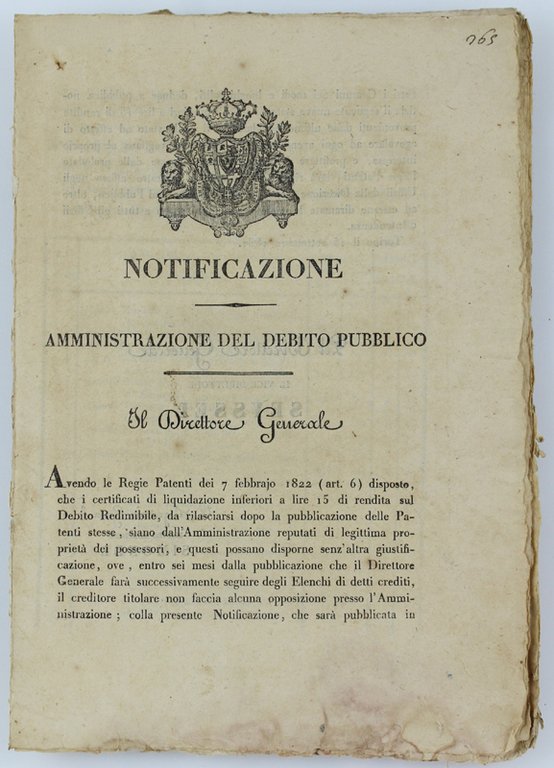 NOTIFICAZIONE - AMMINISTRAZIONE DEL DEBITO PUBBLICO. 15 settembre 1831.