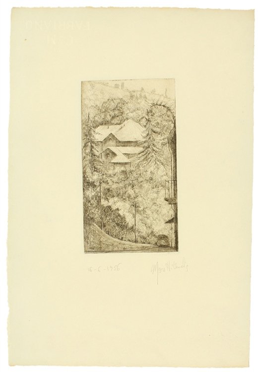 PAESAGGIO ALPINO - ACQUAFORTE originale, firmata e datata 16/6/1956.