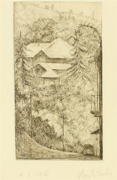 PAESAGGIO ALPINO - ACQUAFORTE originale, firmata e datata 16/6/1956.