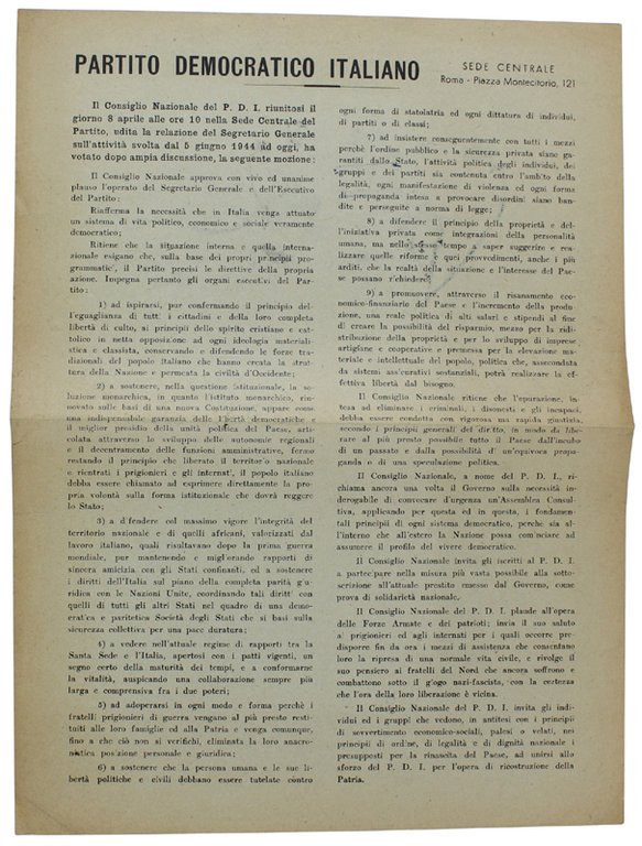 PARTITO DEMOCRATICO ITALIANO (mozione dell'8 aprile 1945). Documento originale.