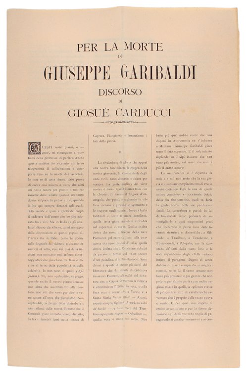 PER LA MORTE DI GIUSEPPE GARIBALDI. Discorso di Giosuè Carducci.